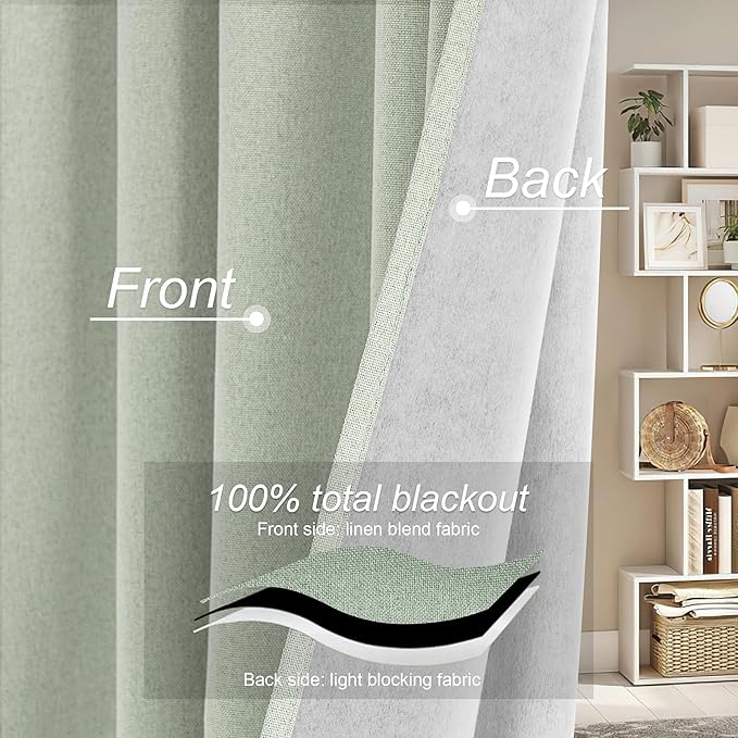 RYB HOME Light Green Curtains 100% Blackout, Linen Window Treatment Panels Thermal Insulated, Privacy Drapes for Living Room/Bedroom/Nursery, Rod Pocket & Back Tab, 2 Panels, W52xL84