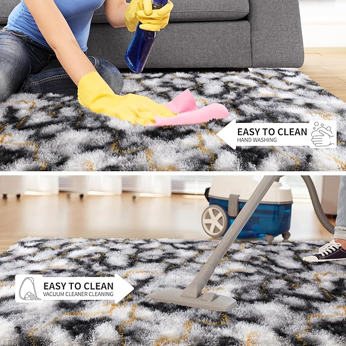 Tepook Fluffy Large Rugs for Living Room, Area Rug 6x9 Soft Carpet for Bedroom, Modern Shaggy Rug for Kids Boys Girls, Plush Indoor Nursery Home Decor Rug with Non-Slip Bottom, White Black Gold