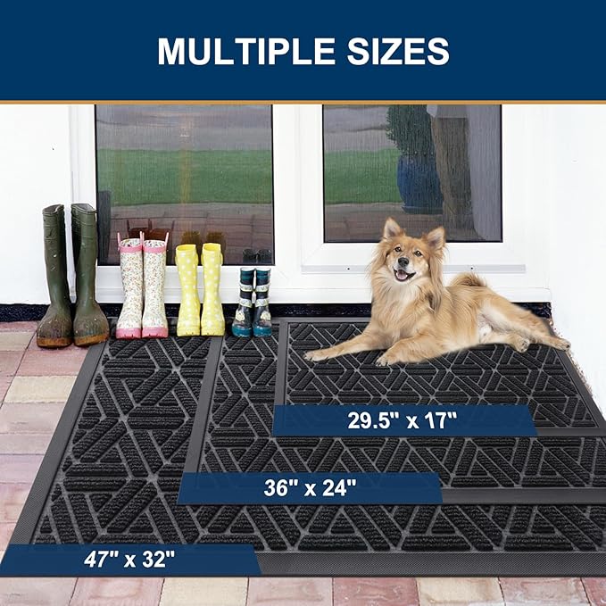Smiry Front Door Mat Outside Entrance, Heavy Duty Sturdy Natural Rubber Doormat, Trap Dirt and Moisture, Easy Clean Low Profile Mats for Indoor Outdoor Entry, Grid Geometric (59x23, Black)