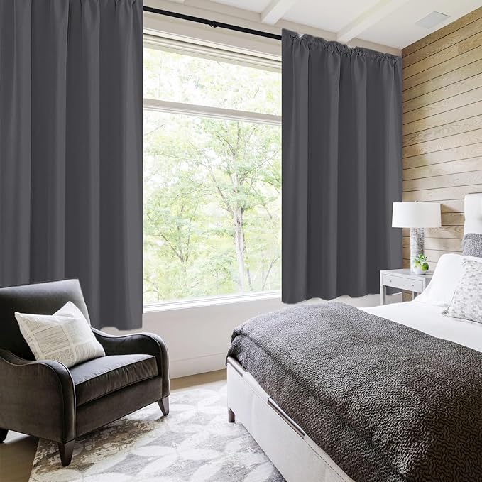 DWCN Bedroom Curtains Blackout Drapery Panels 54 Inch Length 2 Panels Set, Three Pass Microfiber Thermal Insulated Energy Saving Rod Pocket Window Treatment Drapes (W52 x L54 Inch, Dark Grey)