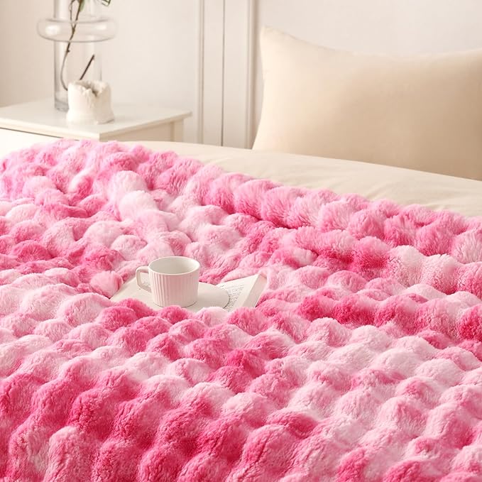 COOVA Faux Fur Throw Blanket for Couch, Cozy Soft and Fuzzy Plush Rabbit Fur Bubble Blanket for Sofa Bedroom Living Room, 60x80 Inches Tie Dye Pink