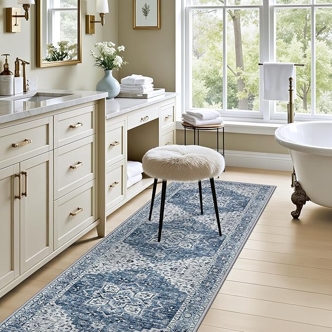 Hallway Runner Rug Non Slip - Washable 2.6x8 Kitchen Rugs for Living Room, Low-Pile Soft Bedroom Rug Indoor Floor Stain Resistant Carpets for Entryway, Laundry, Bathroom Blue