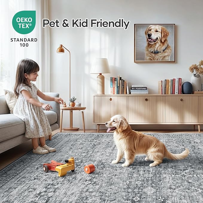 Lofus 9x12 Area Rug for Living Room,Grey Washable Large Rugs with Non-Slip Backing,Soft Neutral Carpets for Bedroom Dining Room Home Office Indoor Nursery
