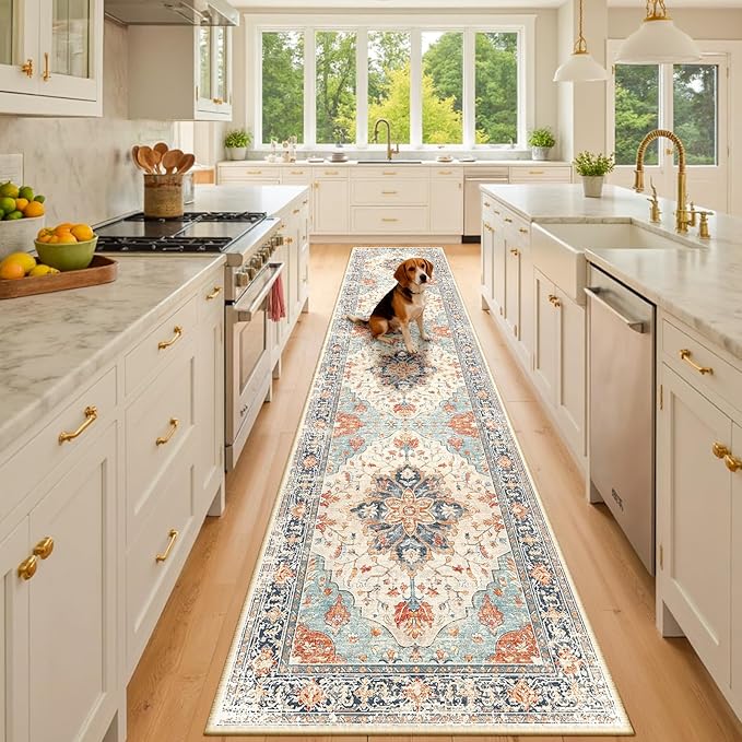 RELEANY Area Rugs 3'x10' Runner Rug Non Slip Washable for Kitchen Hallway Bedroom Beside Laundry Room Bathroom Rug, Floor Carpet, Beige Navy Blue Orange Colorful
