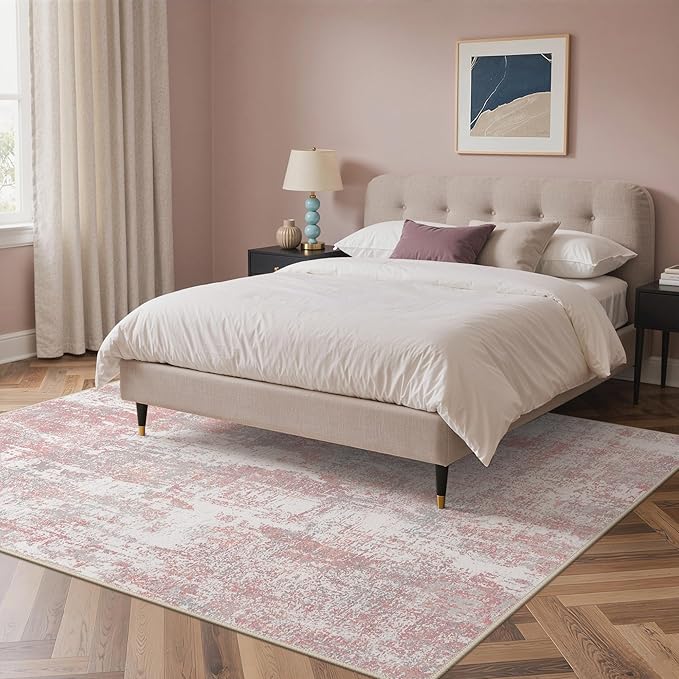 Area Rugs 5x7 for Living Room Bedroom, Modern Abstract Machine Washable Rug, Large Soft Low Pile Floor Carpet with Non Slip Backing for Dining Room, Pink/Grey