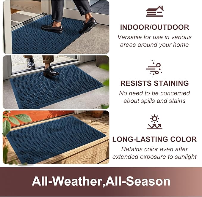 Mibao Front Door Mat Indoor Outdoor Entrance, Dirt Trapping Waterproof All-Season, All-Weather Doormat, Non-Slip Durable Natural Rubber Low Profile Easy Clean Patio Entrance Mat, 61.5" x 36", Blue