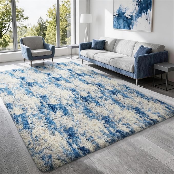 Ophanie Blue White and Grey Area Rugs for Living Room 5x7, Fluffy Shag Large Fuzzy Plush Soft Carpets, Floor Shaggy Rugs for Bedroom, Carpet for Kids Boys Girls Dorm Nursery Home Decor Aesthetic