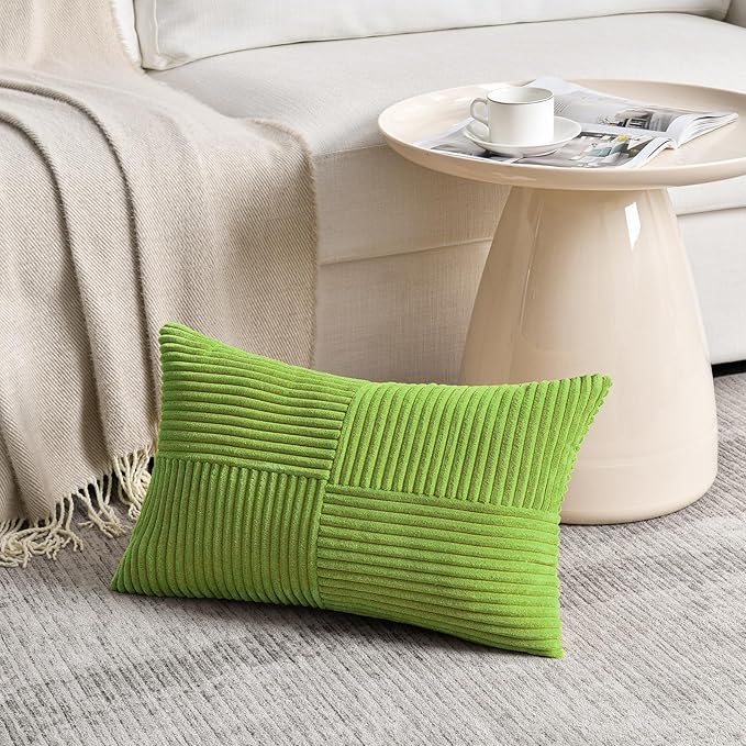 Fancy Homi Set of 2 Lime Green Lumbar Decorative Throw Pillow Covers 14x22 Inch for Living Room Bedroom Couch Bed Sofa, Soft Striped Corduroy Modern Rectangle Accent Cushion Case 35x55 cm