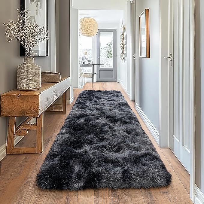 Pionblank Fluffy Runner Rugs for Bedroom 2x6, Modern Shaggy Area Rug for Hallway Living Room, Plush Soft Fuzzy Bedside Carpet for Kids Girls Boys Room Nursery Decor, Dark Grey