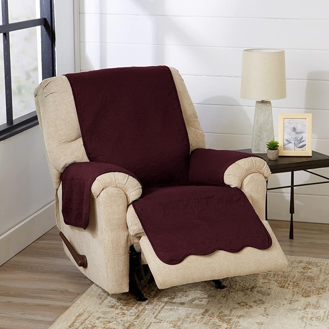 Great Bay Home Reversible Recliner Cover - Washable Slipcover Furniture Protector with Elastic Straps - Perfect for Kids & Pets - Quilted & Stitched Detail (Wine/Light Grey)
