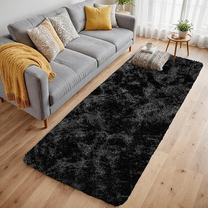 2x6 Bedside Area Rugs for Bedroom: Soft Fluffy Shag Black Rug for Hallway, Non-Slip Fuzzy Plush Living Room Rug Indoor Floor Carpet for Kids Rooms, Dorm, Nursery, Modern Home Aesthetic Decor