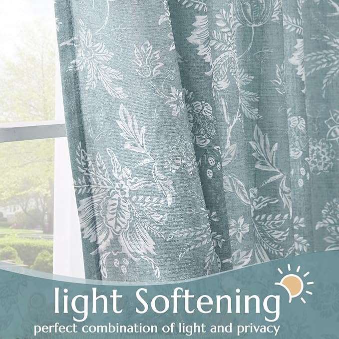 jinchan Linen Floral Curtains for Living Room, 84 Inch Length Curtains with Printed Flower Light Filtering Curtain, Rod Pocket Back Tab Blue Window Treatment Set Bedroom Curtain, 2 Panels Blue