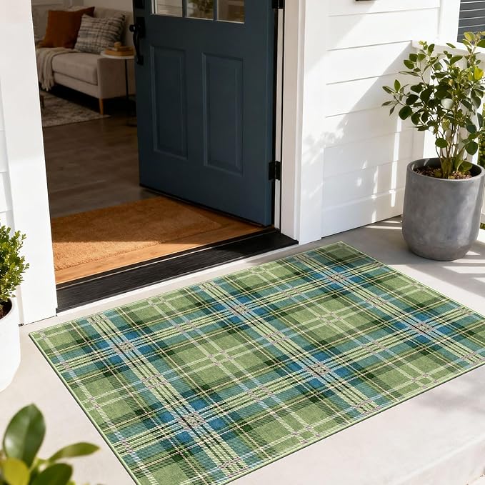 Buffalo Outdoor Rug - 28" x 43" Front Door Mat Indoor Outside Entrance Non-Slip Washable Outdoor Mat Green Teal Plaid Tartan Rug for Entryway Kitchen Bedroom Layered Doormat for Front Porch