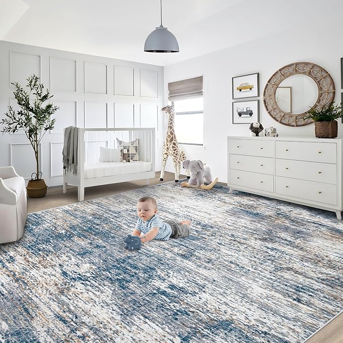 XLUEZ 9x12 Area Rug for Living Room, Washable Modern Abstract Large Area Rug Neutral Soft Non Slip Kids Rug Stain Resistant Indoor Carpet for Bedroom Dining Room Playroom Office(BlueWhite, 9'x12')