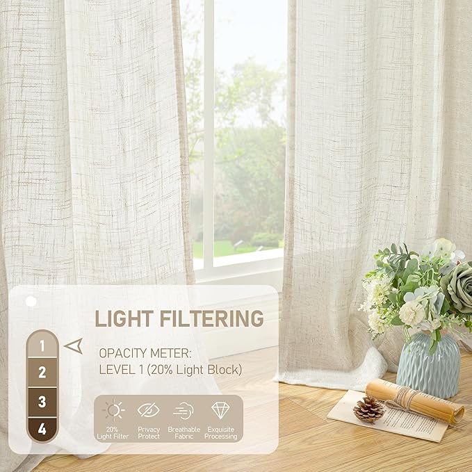 LAMIT Natural Linen Boho Curtains 80 inch Length 2 Panels, Cream Ivory Light Filtering Semi Sheer Panels Back Tab and Rod Pocket Neutral Drapes for Bedroom/Living Room, 34 x 80 Inch