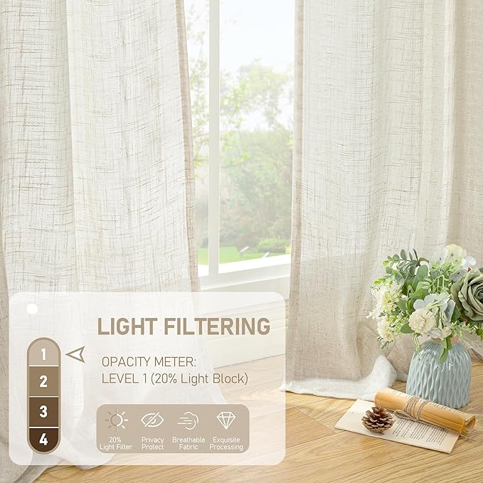 LAMIT Natural Linen Semi Sheer Curtains 78 Inch for Bedroom, Light Filtering Neutral Window Curtains Farmhouse Boho Back Tab and Rod Pocket Panels, Natural Cream Ivory, 2 Panels, 52 x 78 Inch