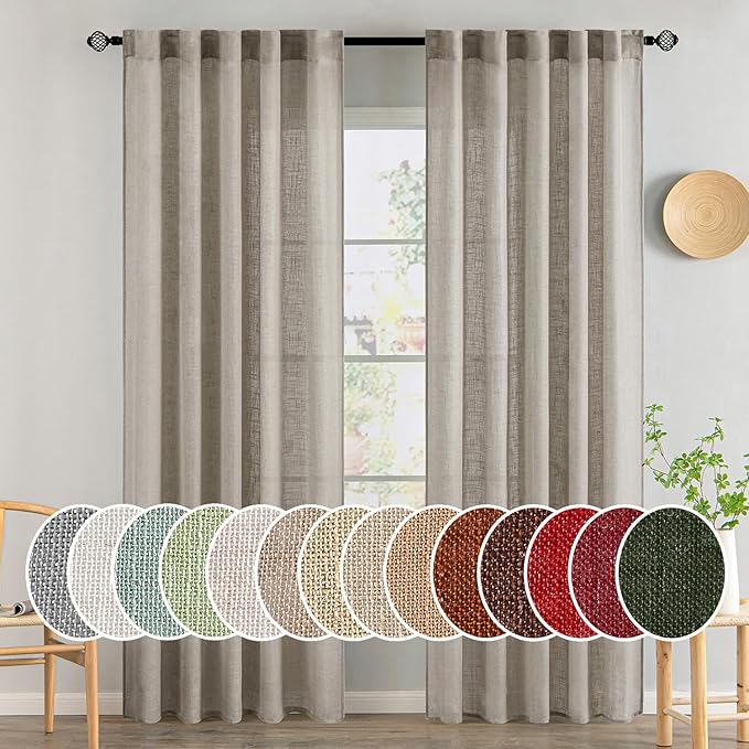 MIULEE Burlywood Birch Linen Curtains 84 Inch Length 2 Panels for Bedroom Living Room, Soft Linen Textured Window Drapes Semi Sheer Light Filtering Back Tab Rod Pocket Farmhouse Burlap Look Decor