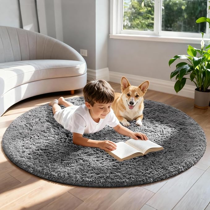 Ophanie Round Rug 5Ft Grey Circle Area Rugs, Fluffy Fuzzy Bedroom Carpet 5 Foot, Plush Shag Indoor Floor Gray Living Room Christmas Circular Aesthetic Decor for Kids Teen Boys Baby,Nursery, Classroom