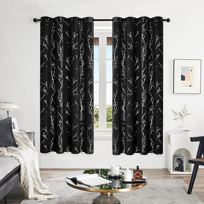 Deconovo Black Blackout Curtains, Thermal Insulated Soundproof Privacy Curtain Drapes, Branch Foil Print, 52 x 72 Inch Long, 2 Panels, Machine‑Washable Window Panel for Bedroom Living Room Office Home