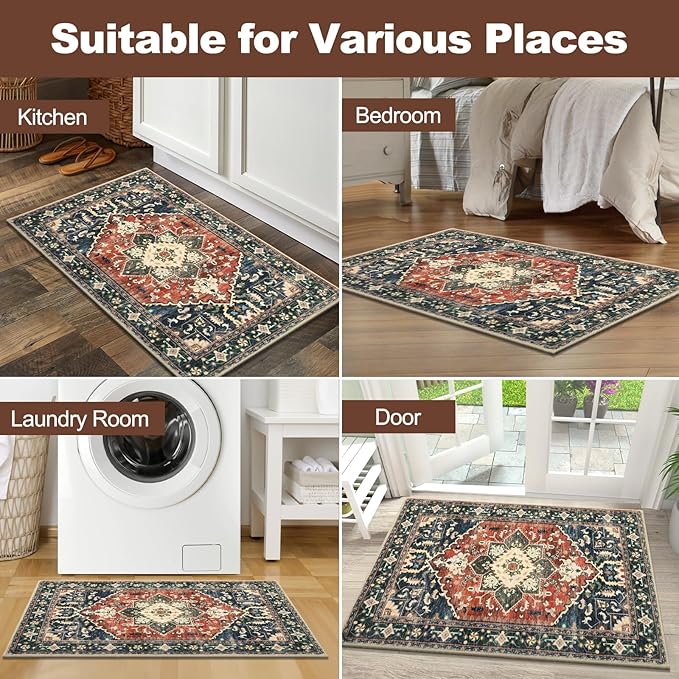 Yamaziot Washable Area Rug, 2x3 Small Entryway Rug Non-Slip Boho Vintage Rug with Rubber Backing, Low Pile Faux Wool Soft Distressed Floor Carpet for Indoor Door Mat, Kitchen, Laundry Bathroom