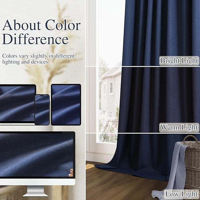 Guken Navy Blue 100% Blackout Curtains 72 Inch Length 2 Panels Set for Living Room Bedroom Back Tab Thermal Insulated Black Out Linen Drapes Room Darkening Window Curtains 72 Inches Long
