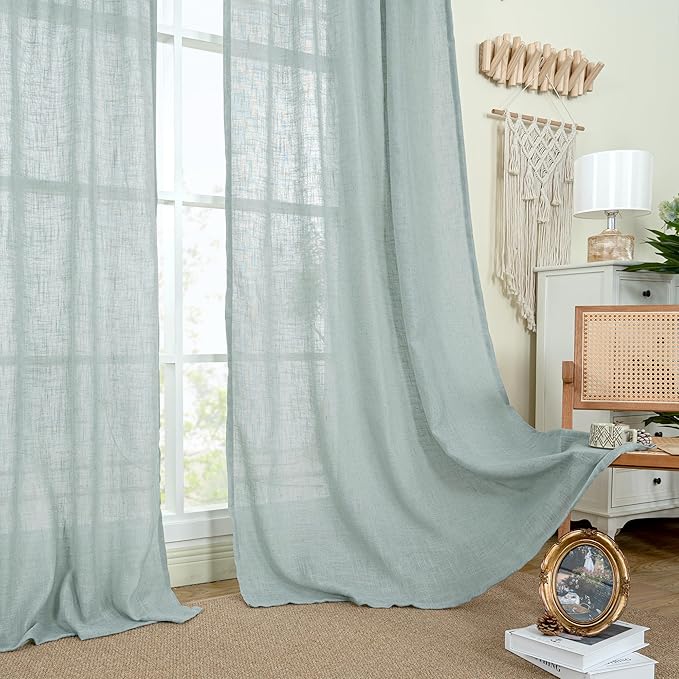 LAMIT Semi Sheer Linen Curtains 48 Inch Length, Light Filtering Panels Back Tab and Rod Pocket Neutral Drapes for Kitchen/Window/Loft Room, Greyish Blue, 2 Panels, 34 x 48 Inch