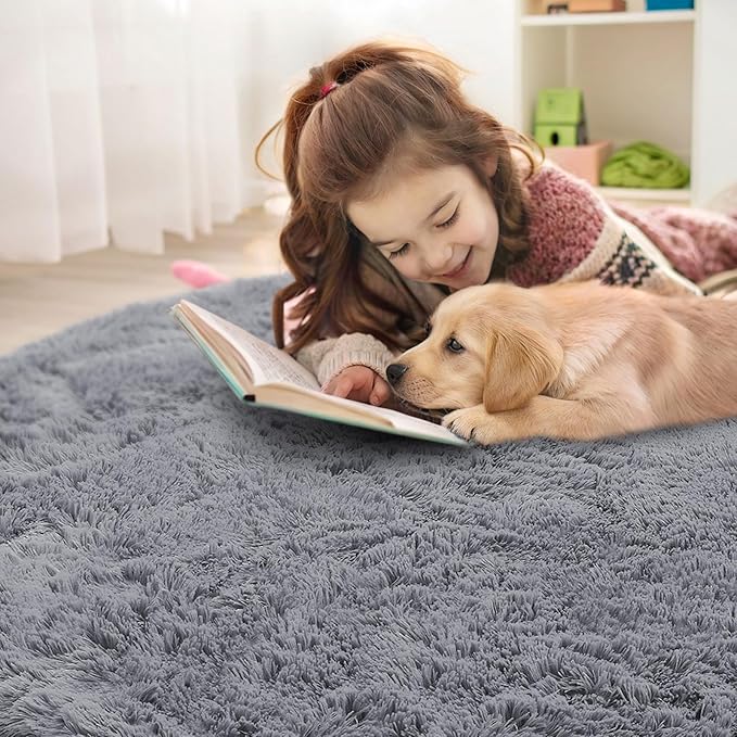 OLANLY Light Grey Round Rugs for Bedroom - Machine Washable, 8 ft Circle Area Rugs for Living Room, Soft and Fluffy Shaggy Carpet for Teen Girls and Boys, Nursery Rooms, Dorms, Home Decor Aesthetic