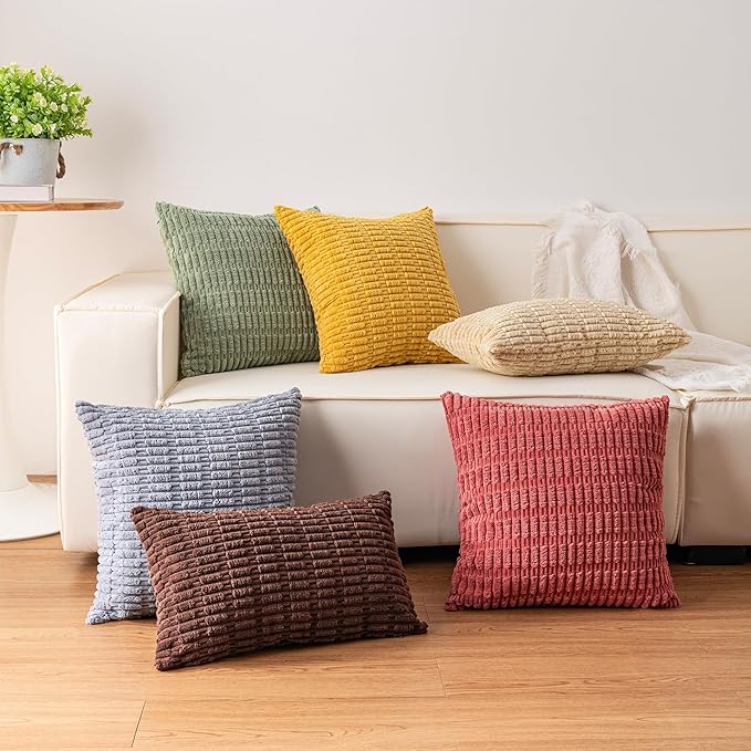 Pack of 2 Corduroy Decorative Throw Pillow Covers 24x24 Inch Soft Striped Pillow Covers Modern Farmhouse Home Decor for Sofa Living Room Couch Bed（Light Brown）