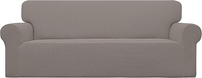 Easy-Going Stretch Sofa Slipcover 1-Piece Sofa Cover Furniture Protector Couch Soft with Elastic Bottom for Kids, Polyester Spandex Jacquard Fabric Small Checks (Sofa, Taupe)