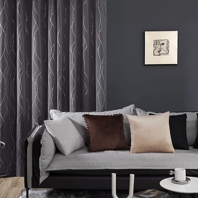 Deconovo Short Curtains Grey, Blackout Kitchen Curtain, Thermal Insulated Soundproof Drapes, Wave Dots Foil Print, 42 x 45 Inches, 2 Panels, Machine‑Washable Privacy Window Panel for Small Windows
