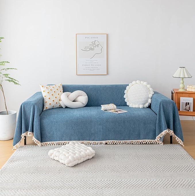 HANDONTIME Couch Slipcover Dog Sofa Covers Boho Couch Cover for Dogs Blue Sofa Throw Cover Bohemian Sofa Covers for 3 Cushion Couch Herringbone Sectional Couch Cover Slipcovers for Sofas, 91" X118"