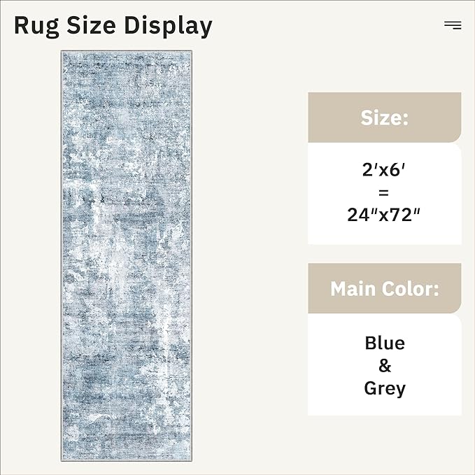 Runner Rug 2'x6' Abstract Washable Non-Slip Runner Rugs for Kitchen Bathroom Laundry Room Blue Vintage Floor Carpet Runners for Hallway Entryway