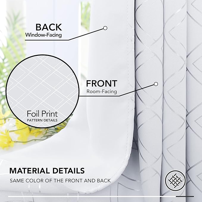 Deconovo White Room Darkening Curtains for Kitchen Nursery Office (52x63 Inch, Silver Grey/Geometry, 2 Panels) Thermal Insulated Soundproof Drapes for Bedroom Living Room
