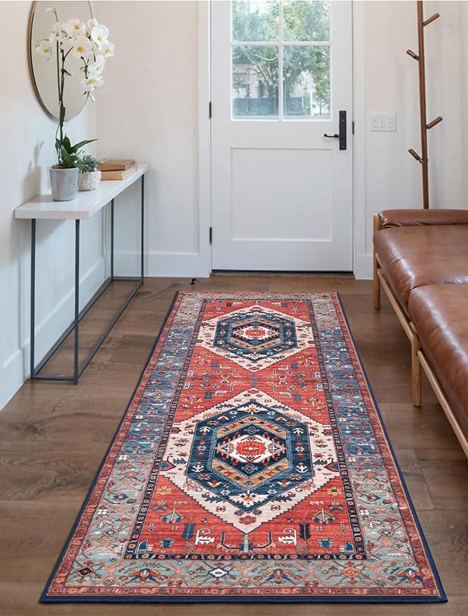 SERISSA Boho Washable Runner Rug, 2x6 Rug Runner Non-Slip Vintage Rust Hallway Kitchen Runner Rug Ultra Soft Print Distressed Tribal Floor Carpet Runner for Bedroom Bathroom Laundry Living Room