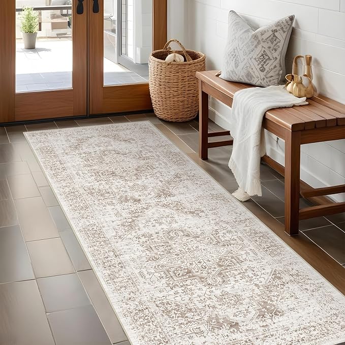 Hallway 2x5 Runner Rug - Vintage Non-Slip Long Rug for Entryway Low-Pile Washable Medallion Rugs for Hallway Waterproof Traditional Indoor Thin Rugs for Kitchen (Ivory/Beige)