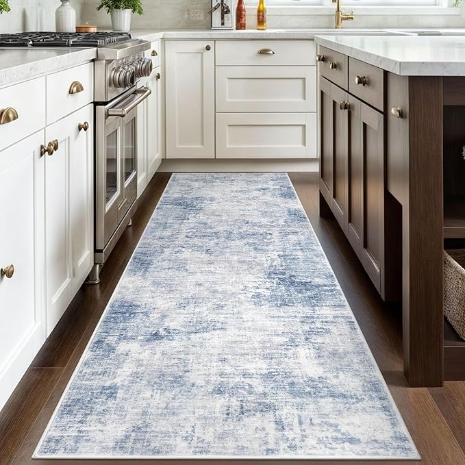 IOHOUZE Abstract Runner Rug 3x8 Ft Washable Runners for Hallways, Non Slip Kitchen Runner Printed Faux Wool Entryway Runners Indoor, Modern Abstract Floor Carpet for Hall Bedroom, Light Blue Grey