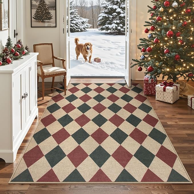 Lahome Christmas Rug, 5x7 Christmas Decor Rugs for Living Dining Room Non Shedding Washable Carpet, Checkered Red and Green Non Slip Stain Resistant Indoor Carpet for Patio Office Xmas Holiday Decor