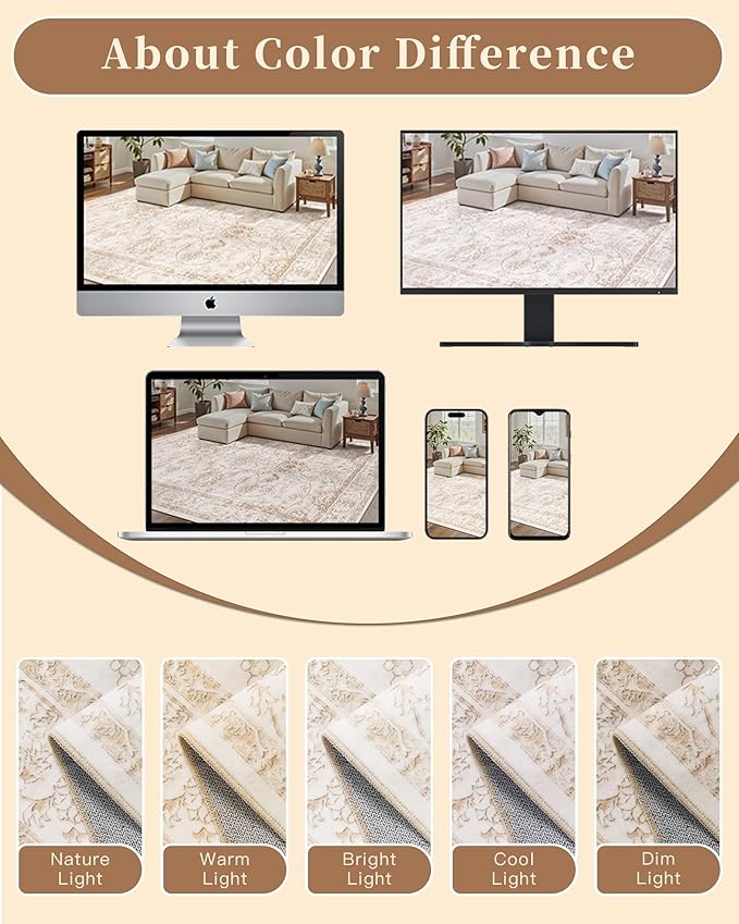 Madane Washable 6x9 Area Rugs for Living Room, Vintage Natural Rug with Non-Slip Backing, Soft Stain Resistant Throw Rugs Thin Carpet for Bedroom Dining Room Farmhouse (6 x 9, Wood/Ivory)