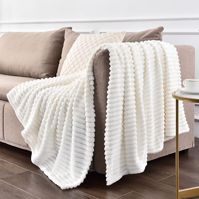 BEDELITE Fleece Blanket Twin Size – 3D Ribbed Jacquard Soft and Warm Decorative Fuzzy Blankets – Cozy, Fluffy, Plush Lightweight Throw Blankets for Couch, Bed, Sofa(Off White, 60x80 inches)