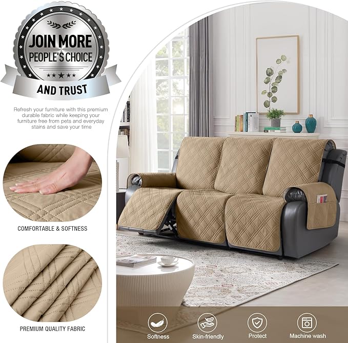 TAOCOCO 100% Waterproof Recliner Sofa Cover, Non Slip Split Couch Covers for Reclining Couches with Elastic Straps, Washable Reclining Sofa Cover Furniture Protector for Kids Pets(3 Seater, Camel)