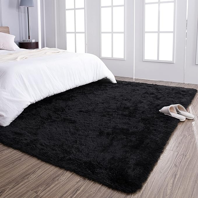 TWINNIS Super Soft Shaggy Rugs Fluffy Carpets, 6x9 Feet, Indoor Modern Plush Area Rugs for Living, Bed Room Kids Room Nursery Home Decor, Upgrade Anti-Skid Durable Rectangular Fuzzy Rug, Black