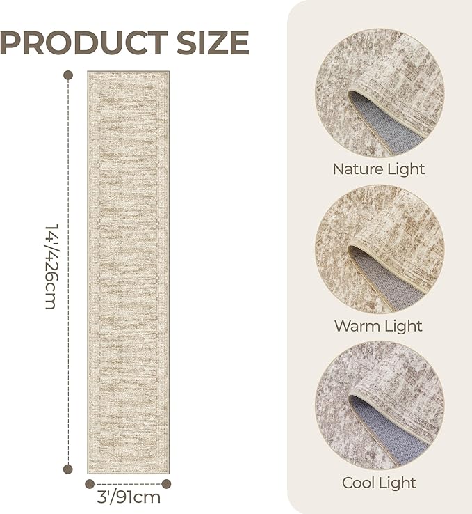 3x14 Washable Runner Rug for Hallway, Non-Slip Long Hallway Runner for Entryway, Soft Vintage Kitchen Mats for Floor, Abstract Dining Room, Bedroom, Living Room Rugs(3'x14', Brown/Ivory)