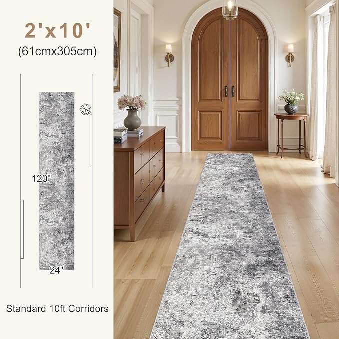 UERMEI 2X10 Washable Runner Rug for Hallway: Soft Neutral Modern Abstract Area Rug - Non-Slip Low Pile Long Throw Indoor Carpet for Kitchen Entryway Kitchen Bedroom Laundry - Grey