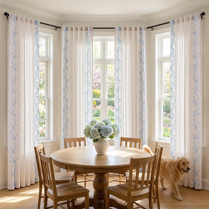 jinchan Evelyn Embroidered Linen Curtains for Living Room Farmhouse Floral Curtains for Bedroom Semi Sheer Light Filtering Window Drapes Rod Pocket Back Tab 2 Panels W50 x L96 Blue