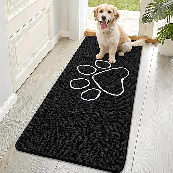 OLANLY Dog Door Mat for Muddy Paws 70x32, Paw Print Design, Absorbs Moisture and Dirt, Absorbent Non-Slip Washable Doormat, Quick Dry Chenille Mud Mat for Dogs, Entry Indoor Entryway Carpet, Black