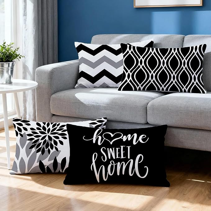 Hexagram Geometric Black Pillow Covers 12x20 Set of 4, Decorative Outdoor Boho Modern Throw Pillow Covers, Home Sweet Home Farmhouse Cushion Case for Couch Sofa Bedroom Indoor Decor(No Insert)