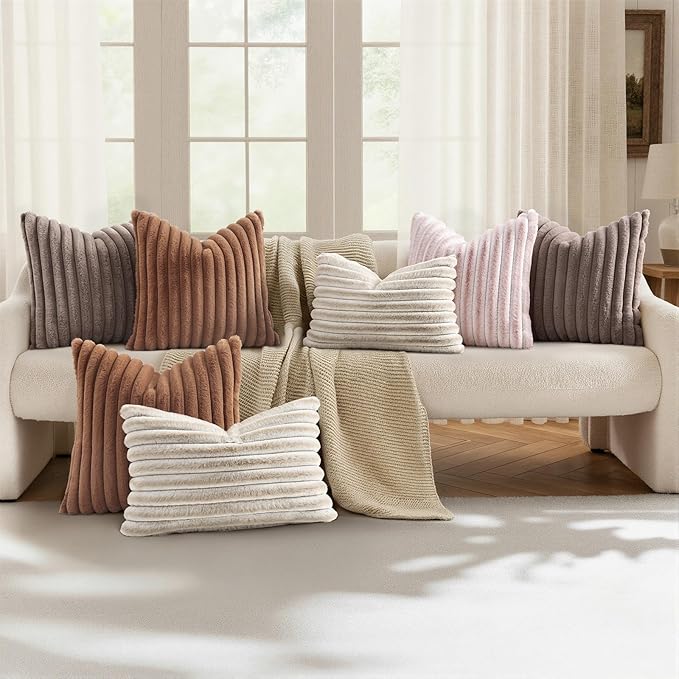 decorUhome Cozy Faux Fur Throw Pillow Covers 26x26 Set of 2 Decorative Soft Plush Striped Modern Farmhouse Boho Couch Euro Sham Pillow Cases with Velvet Back for Sofa Bed Living Room, Light Coffee