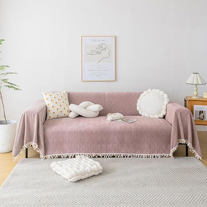 HANDONTIME Soild Couch Covers for Dogs Pink-Purple Sofa Covers Boho Cover for Sofa 3 Seats Chenille Sofa Throw Cover Mauve Sofa Covers for 3 Cushion Couch Tassel, Washable, Pet Friendly, 71" X118"