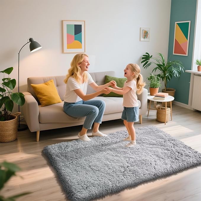 Shag Area Rug for Bedroom 3x5,Grey Fluffy Area Rugs for Living Room,Soft Fuzzy Rug Non-Shedding Indoor Plush Carpet for Kids Bedroom Nursery Dorm Home Decor