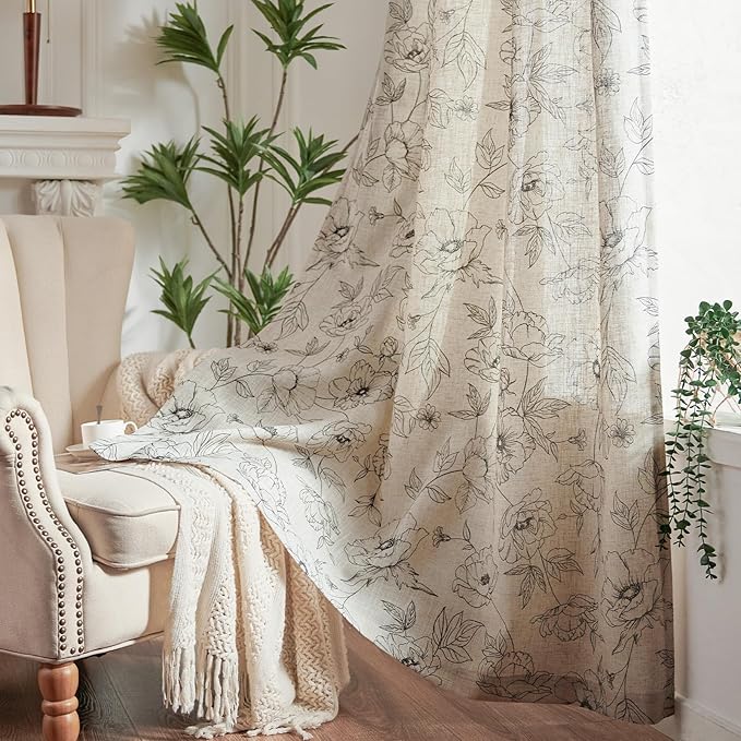jinchan Floral Linen Curtains for Living Room 63 Inch Length Grey Flower Curtain Rod Pocket Back Tab Farmhouse Curtains with Printed Floral Bedroom Window Curtain Set, 2 Panels Gray